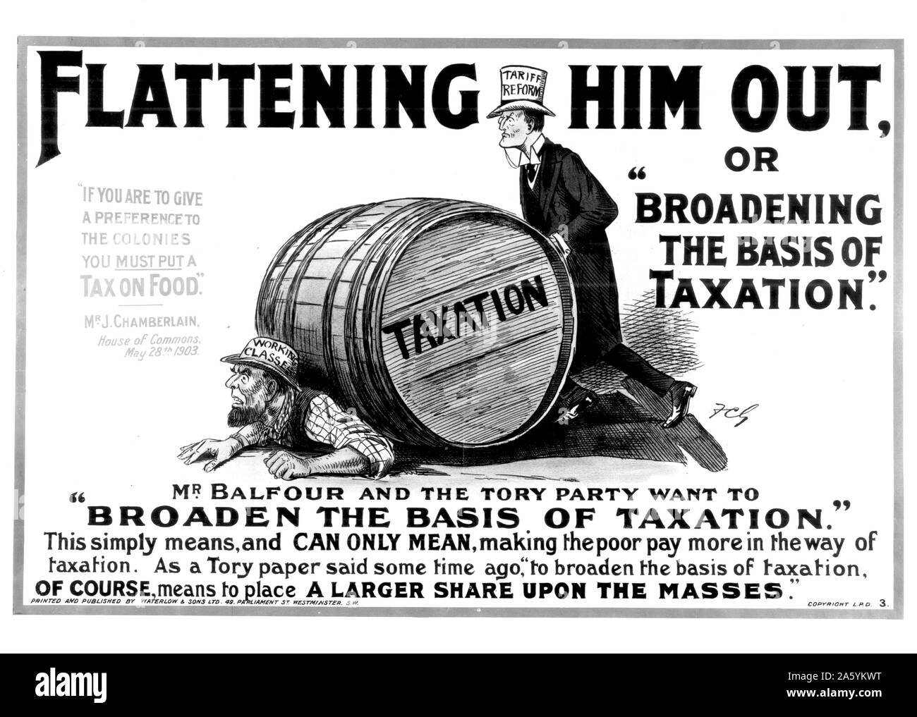 Joseph Chamberlain Anzeige die Folgen der britischen Arbeiterklasse von Balfour's Vorschlag die Grundlage der Besteuerung zu erweitern, und Steuern auf Lebensmittel zu setzen. 1903. Stockfoto