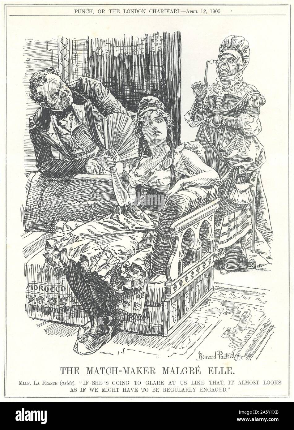 Entente Cordiale (1904), englisch-französischen Abkommen, das Ende einer Reihe von gegenseitigen Antagonismen und über Co-operation gegen die Bedrohung der Deutschen Aggression während des frühen 20. Jahrhunderts. Die ersten marokkanischen Krise oder die Tanger Vorfall. Deutschland sieht in der Ablehnung in Frankreich und Großbritannien ein Engagement Ansatz. Cartoon von Bernard Partridge aus 'Lochen', London, 12. April 1905. Stockfoto