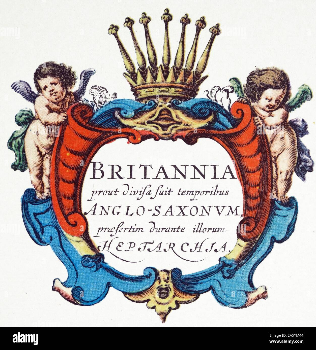 Die Heptarchy ist eine Sammelbezeichnung der Angelsächsischen Königreiche von Süden, Osten angewandt, und in England während der Spätantike und dem frühen Mittelalter, konventionell als sieben: Northumbria, Mercia, East Anglia, Essex, Kent, Sussex, Wessex. Der angelsächsischen Königreiche schließlich in das Königreich von England Unified. Detail aus einem antiken Karte von Großbritannien, von der holländischen Kartographen Willem Blaeu Atlas Novus (Amsterdam 1635) Stockfoto