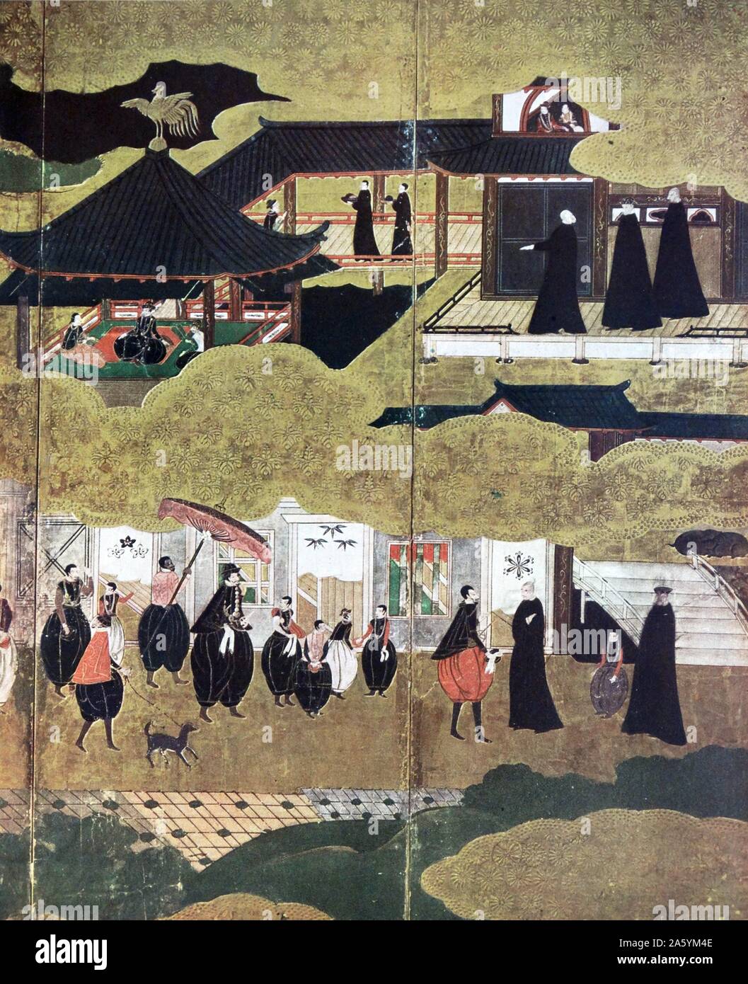 Ankunft der Portugiesen in Japan. Detail des japanischen Bildschirm, Kano-Schule (16. Jahrhundert) Stockfoto