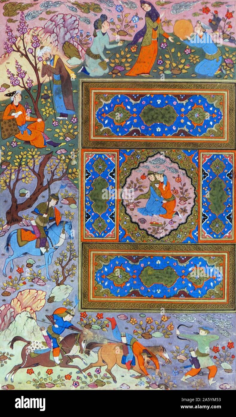 Folio aus einem persischen Manuskript Liebespaar darstellt. Isfahan, Iran, Safavid Ära, 1590-1610 (Aquarell, Tinte und Gold auf Papier) Stockfoto
