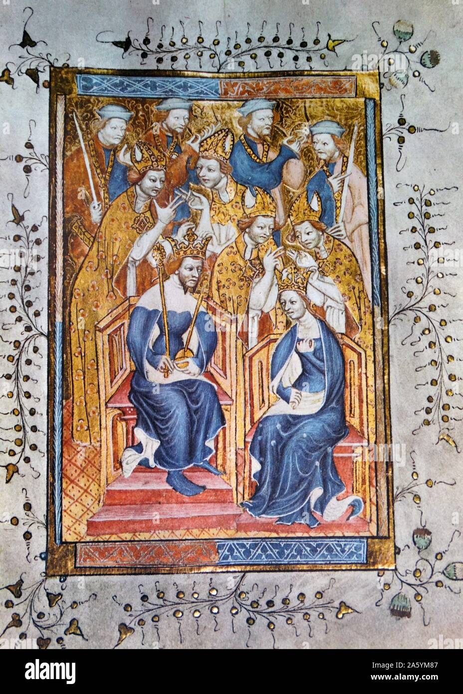 König Richard II. und Anna von Böhmen, seine Königin. Aus dem vierzehnten Jahrhundert Krönung der Service, das Liber Regalis. Das Manuskript ist gedacht für Queen Anne's Krönung 1382 geschrieben und illustriert und wurde für alle krönungen bis Queen Elizabeth I. Von der Insel Rennen, ein Jahrhundert Buch, das die Geschichte der Britischen Inseln aus der vor-Römischen Zeiten in die Viktorianische Zeit verwendet. Von Sir Winston Churchill geschrieben und gekürzte von Timothy Baker. Stockfoto