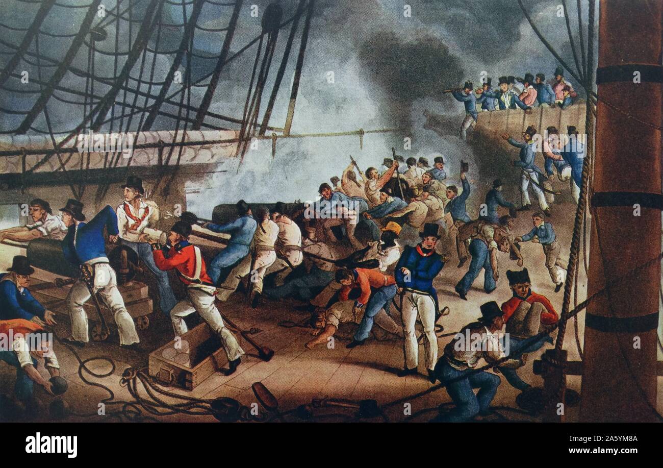 Farbige Aquatinta der Bombardierung von Algiers auf dem Achterdeck der Königin Charlotte. Drucken von J. Jenkins. Datierte 1816 Stockfoto