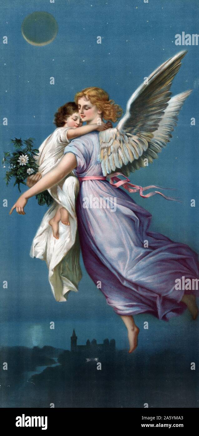 Bild mit dem Titel "Der Engel des Friedens". Das Gemälde zeigt einen Engel schwebt über einem Tal hält ein Kind und Blumen. Datiert 1901 Stockfoto