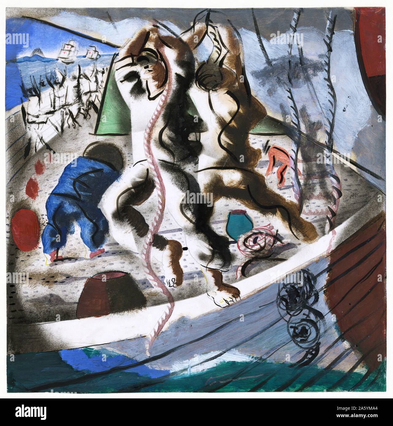 Vorbereitende Zeichnung für "Entdeckung der Wandmalerei das Land' an der Hispanic Division in der Bibliothek des Kongresses. Washington DC. Von César¢ndido Portinari, 1903-1962, Künstler 1941. Zeichnung in Pastell, Gouache und Tinte. Zeichnung zeigt mehrere Männer an Bord, zwei ziehen an Seilen. Stockfoto