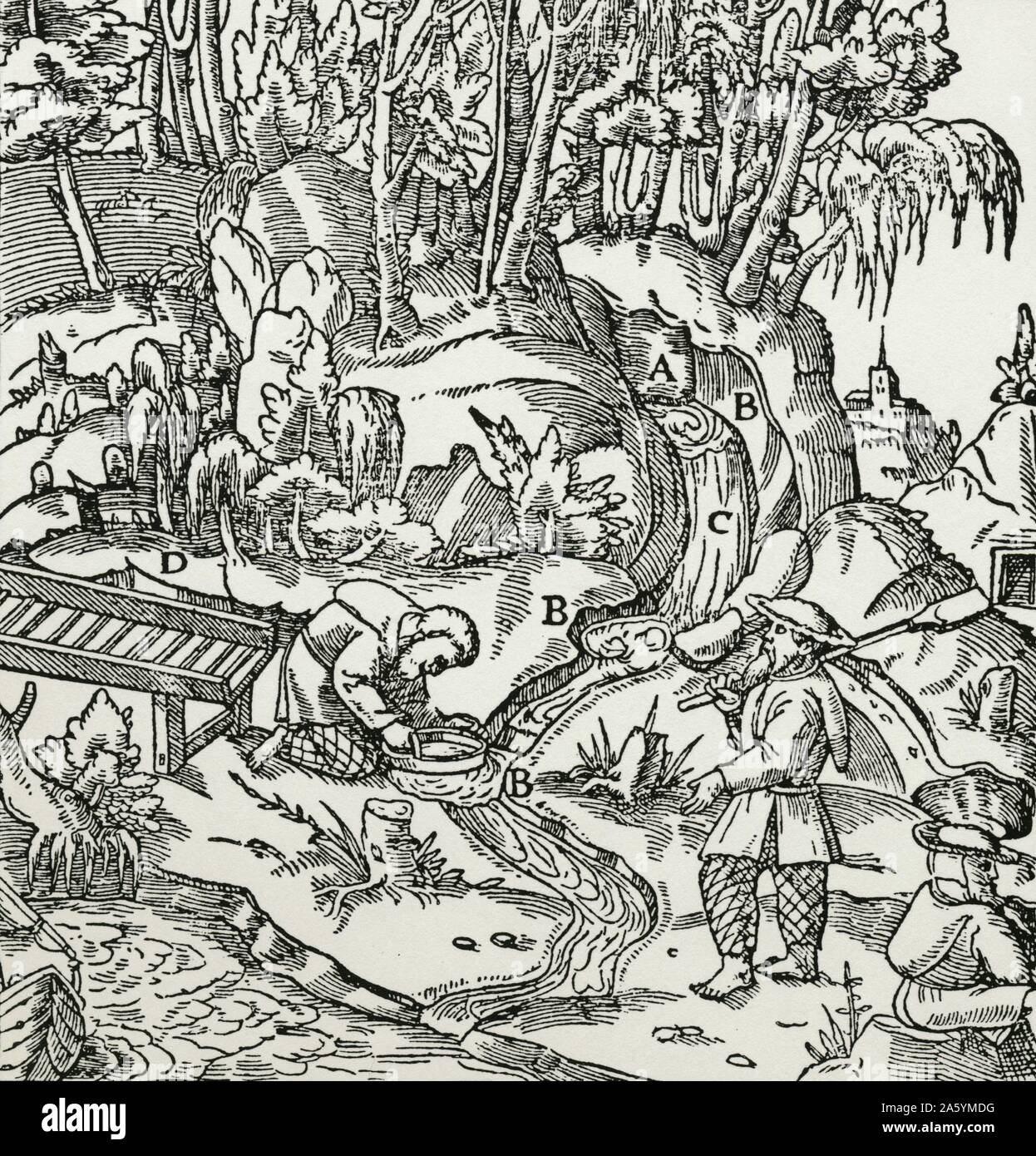 Typische Methode der alluvialen Lead Mining. Von Agricola "De re Metallica", Basel, 1556. Stockfoto