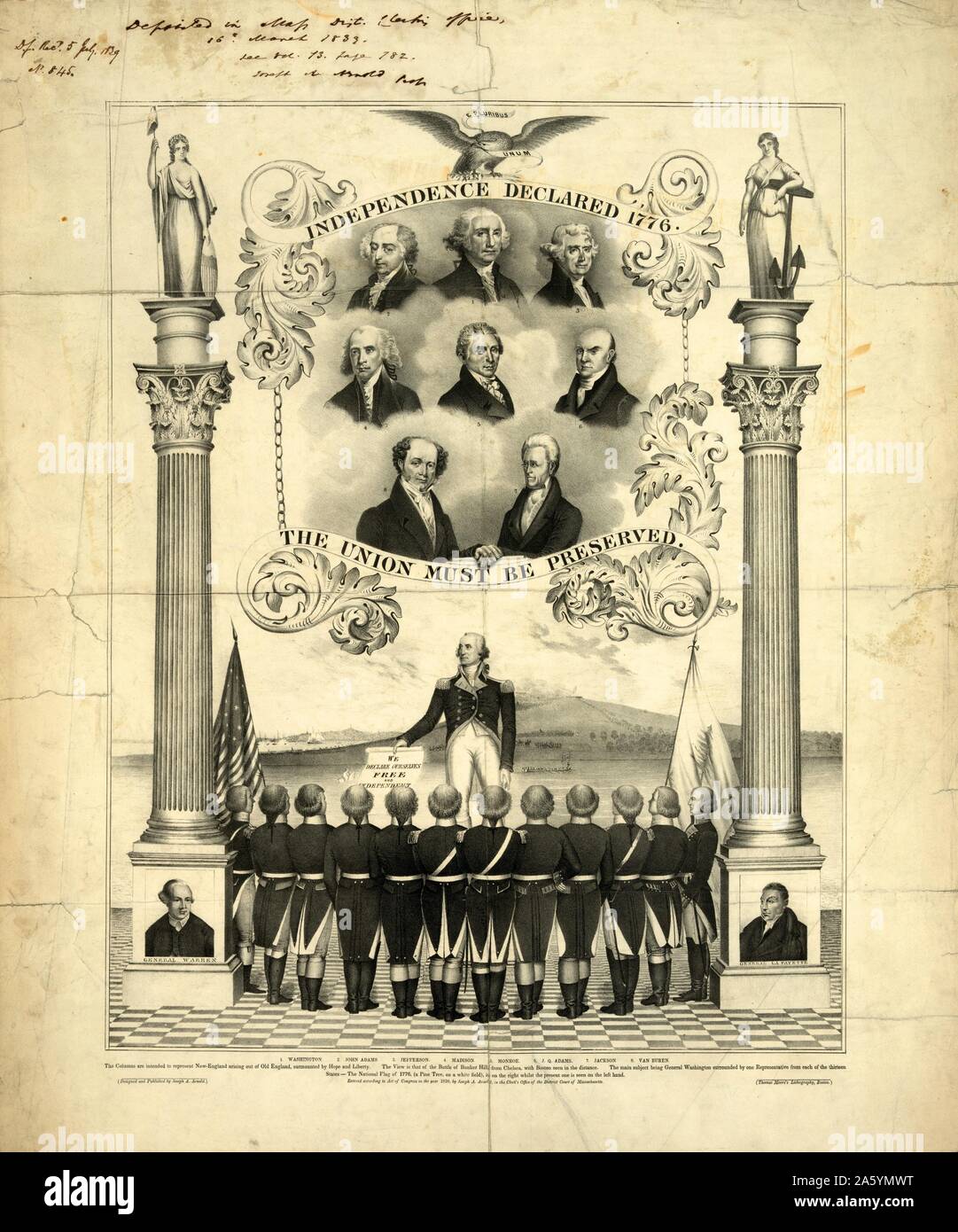 Die Unabhängigkeit 1776. Die Union muß von Joseph A. Arnold erhalten werden. Lithographie Drucken auf Papier webten. Ein Denkmal für die Erklärung der Unabhängigkeit und der Amerikanischen Revolution, mit Büste Portraits der ersten acht Präsidenten. Stockfoto
