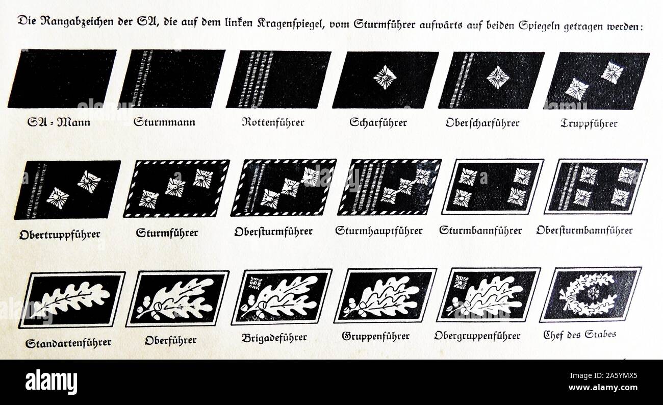 die Rangabzeichen der Sturmtruppen von der Nazi-Partei 1934 Stockfoto