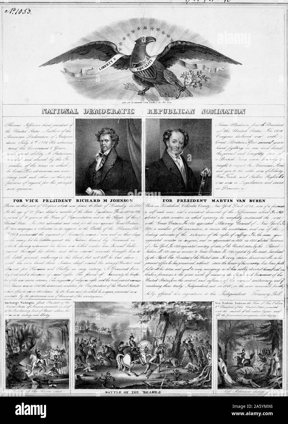 Politische Plakat aus dem Jahr 1840 für die nationalen Democrat Republican Convention. Mit mid Länge Porträts von Martin Van Buren und Richard M Johnson. Befürworten Sie in Ihrer Kampagne Präsident zu werden und Vice President. An der Spitze des Plakats ist ein Adler mit einer Rolle mit der Aufschrift "Freiheit und Gleichheit". Unten, Illustrationen von Kampfszenen. Stockfoto
