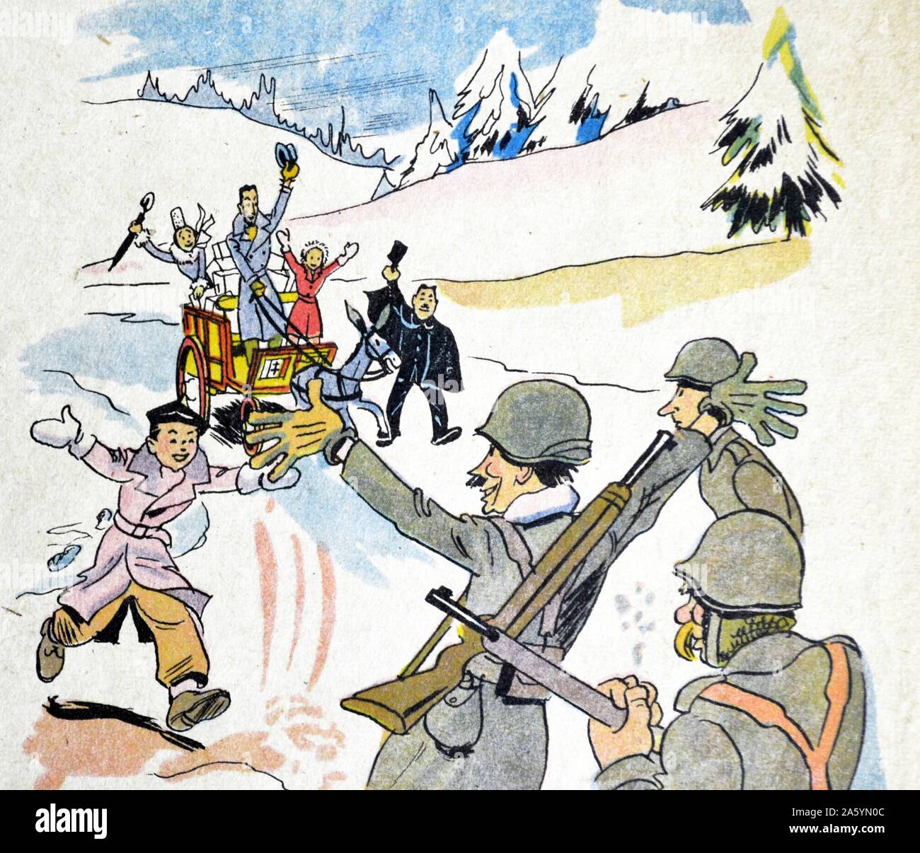 Illustration von Loys Petillot feiern den Kampf für Freiheit im Elsass & Lothringen am Ende des Zweiten Weltkriegs. Widerstandskämpfer grüße Zivilisten im Schnee Stockfoto