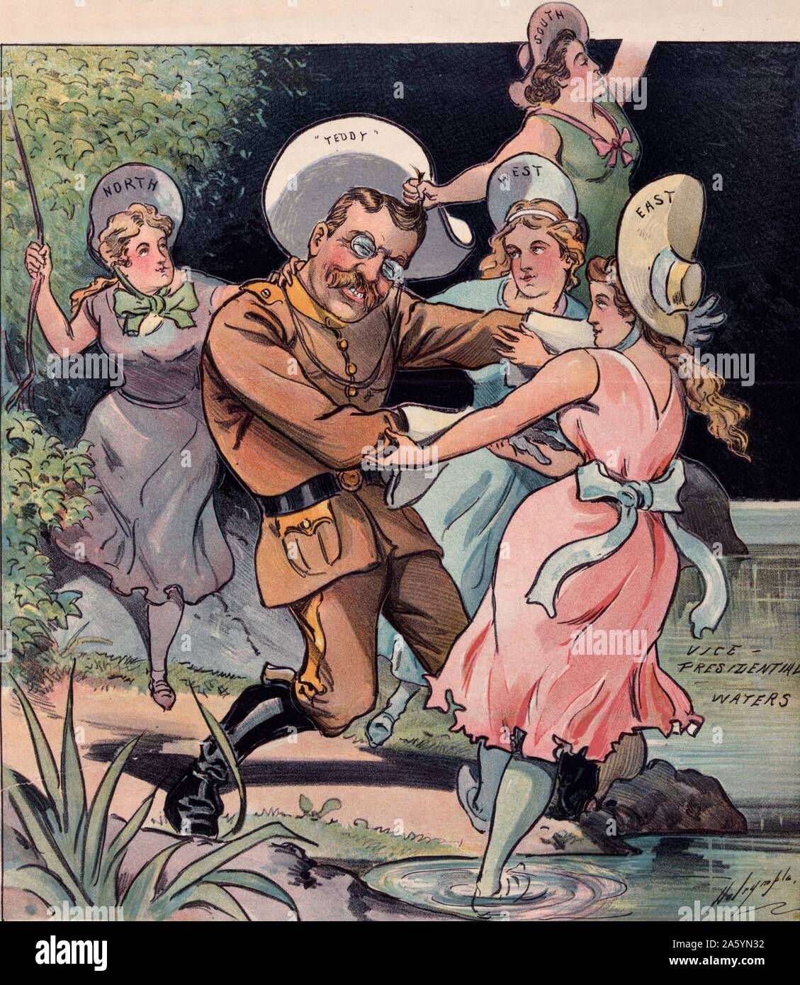 Der Kampf für das Leben 1900. "Teddy" Roosevelt, in seiner rauhen-rider Uniform, gezogen zu 'Vice Presidential Gewässer" durch vier Frauen mit der Aufschrift "Norden", "Osten", "Süden" und "Westen". Stockfoto