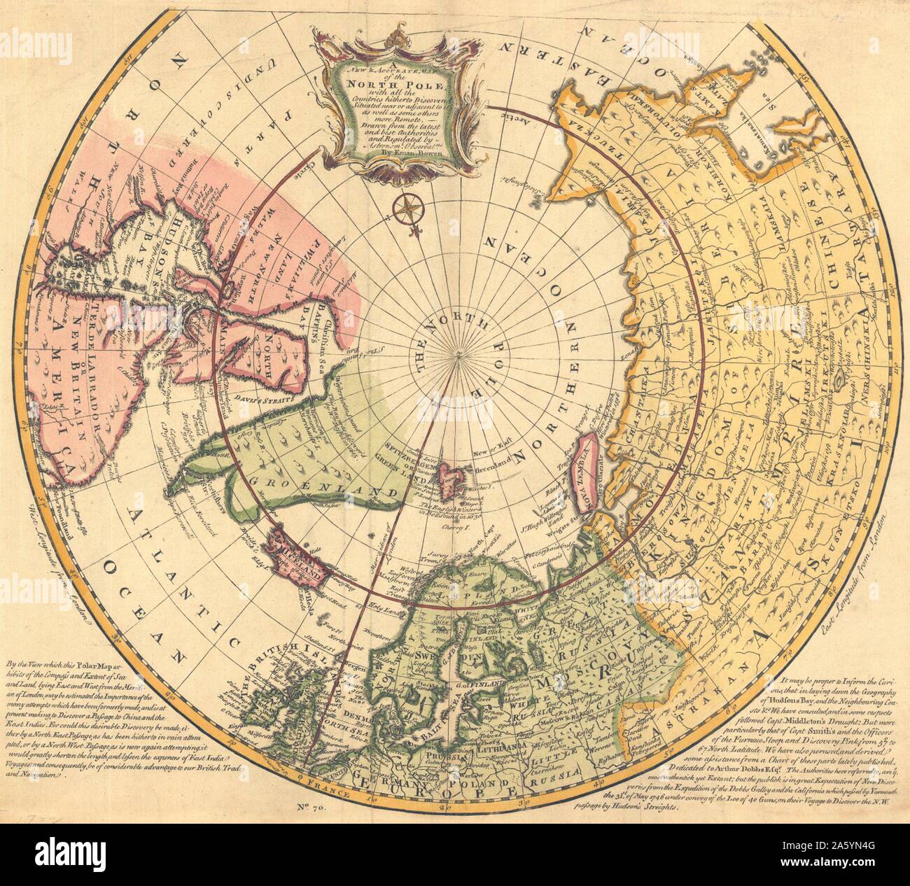 Neue & genaue Karte der Nordpol 1747. Eine neue und genaue Karte der Nordpol, mit allen Ländern bisher entdeckt, liegt in der Nähe oder in der Nähe, sowie einige andere. Emanuel Bowen. Stockfoto