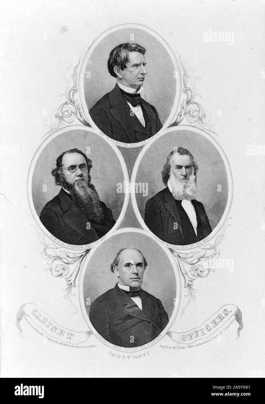 Porträt von Präsident Abraham Lincolns Kabinett 1828. Staatssekretär; William H. Seward, Sekretär des Krieges; Gideon Welles, Sekretär der Marine; Edwin M. Stanton, Sekretär des Schatzamtes; Lachs P jagen. Henry Wright Smith. Stockfoto