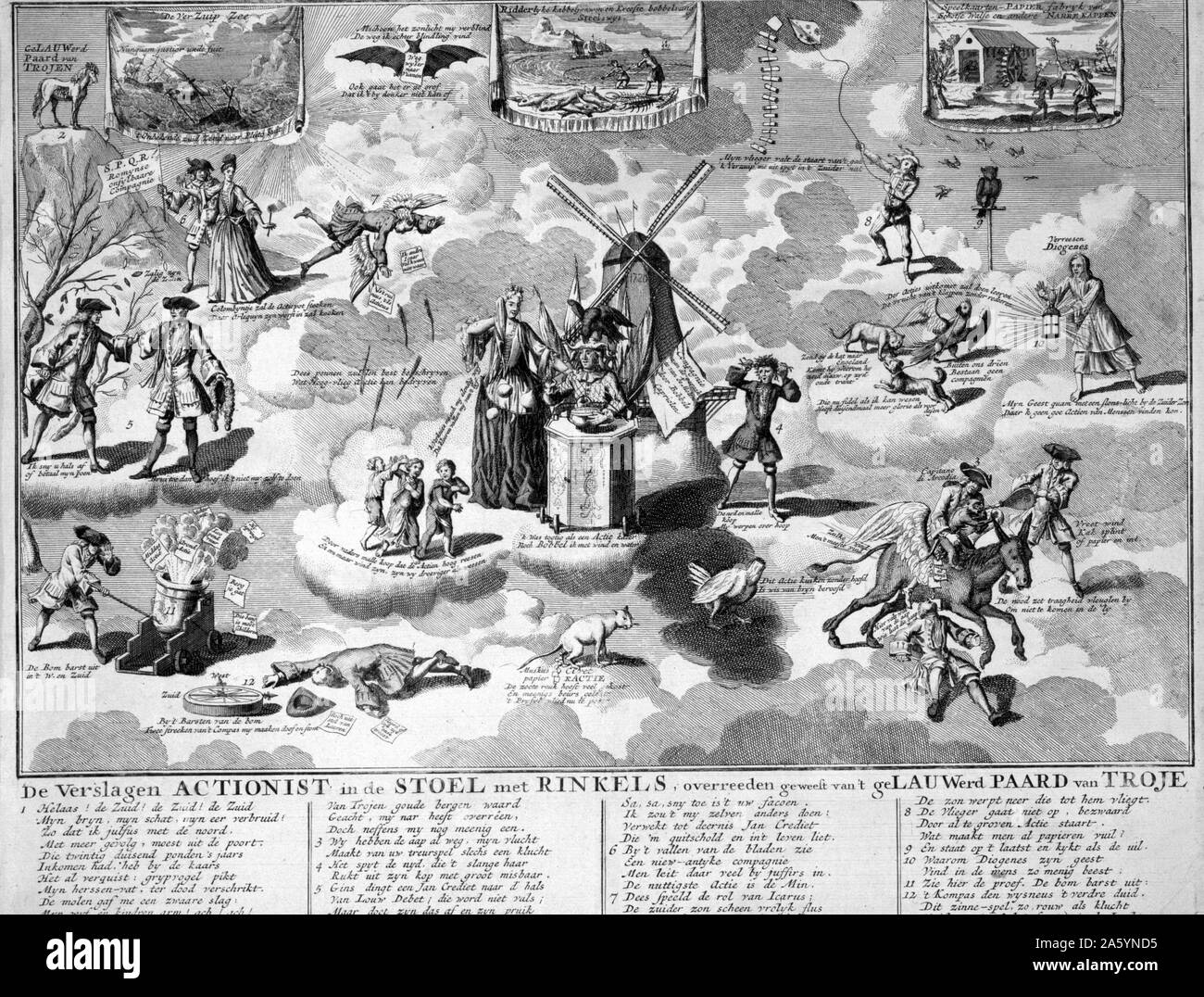 'De verslagen Aktionistischen in de stoel met rinkels, overreeden geweest van't geLauwerd Paard van Troje', 1720. graviert Satire auf die South Sea Company und andere bubble Pläne von 1720 in einer Sammlung niederländischer Satiren auf dem Schema. Gravur. Stockfoto