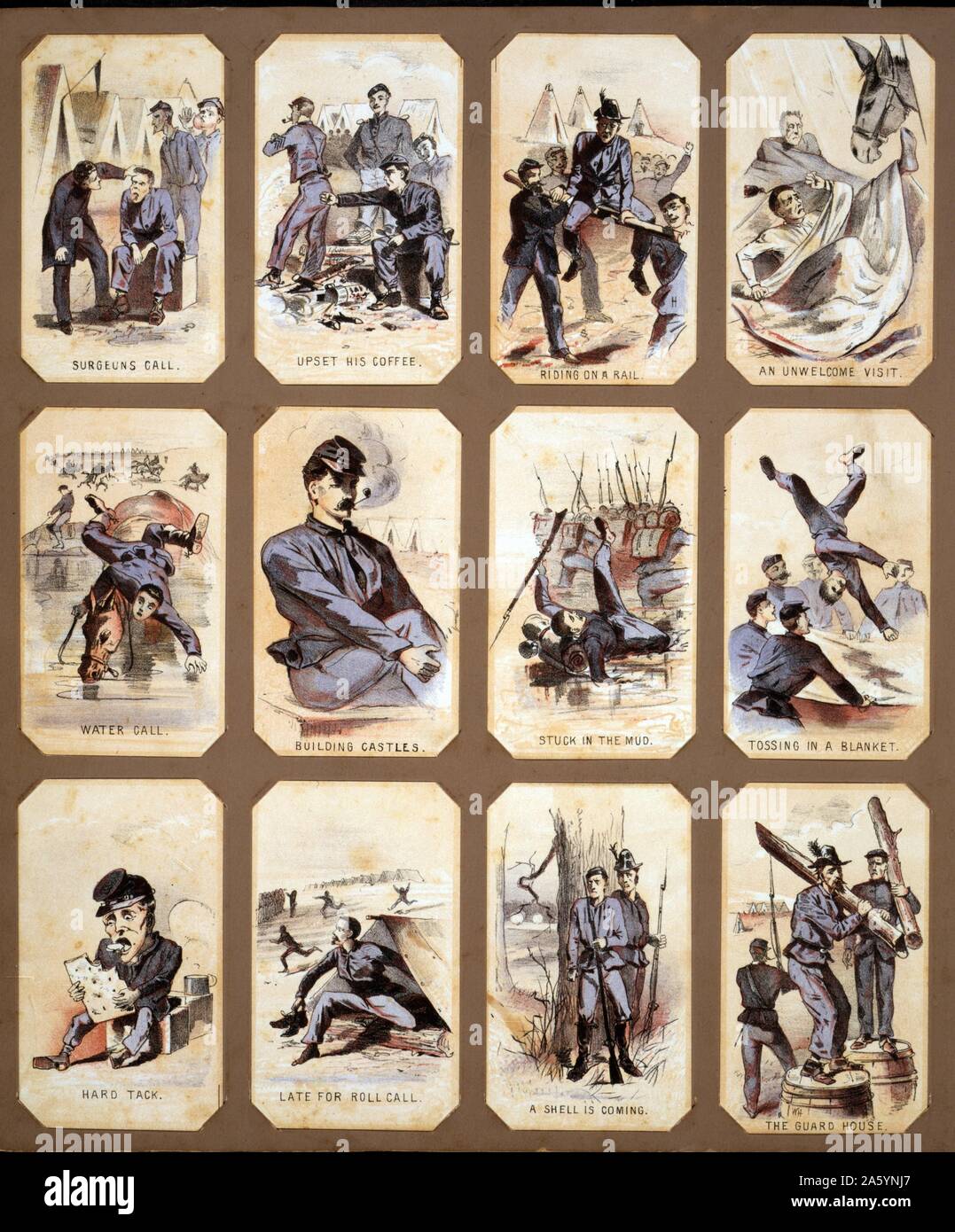 Das Leben im Camp, Teil 1 von Winslow Homer, 1836-1910, US-amerikanischer Künstler. 1864. chromolithograph souvenir Karten zeigt das tägliche Leben der Soldaten der Union während des Bürgerkriegs Stockfoto