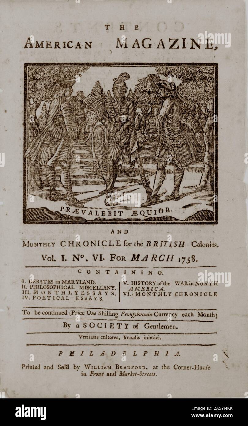 Die US-amerikanische Zeitschrift und monatliche Chronik für die britischen Kolonien Praevalebit aequior. [1758] Holzschnitt. Titelseite Illustration für die US-amerikanische Zeitschrift mit einem Franzosen und einem Engländer konkurrierenden ('Fett hat Vorrang") für die Loyalität eines nativen Mann stand zwischen ihnen, stützte sich auf ein Gewehr. Stockfoto