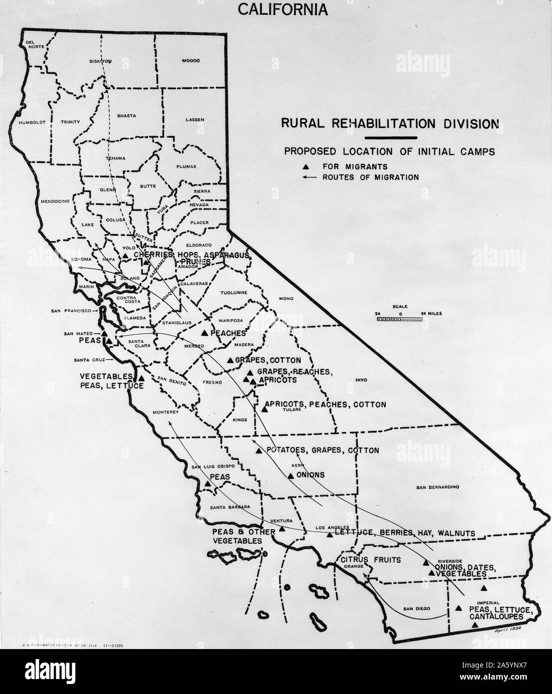 Karte von Kalifornien Übersicht vorgeschlagene ländliche Rehabilitation camps Datum erstellt/Veröffentlicht: [zwischen 1935 und 1937] Stockfoto