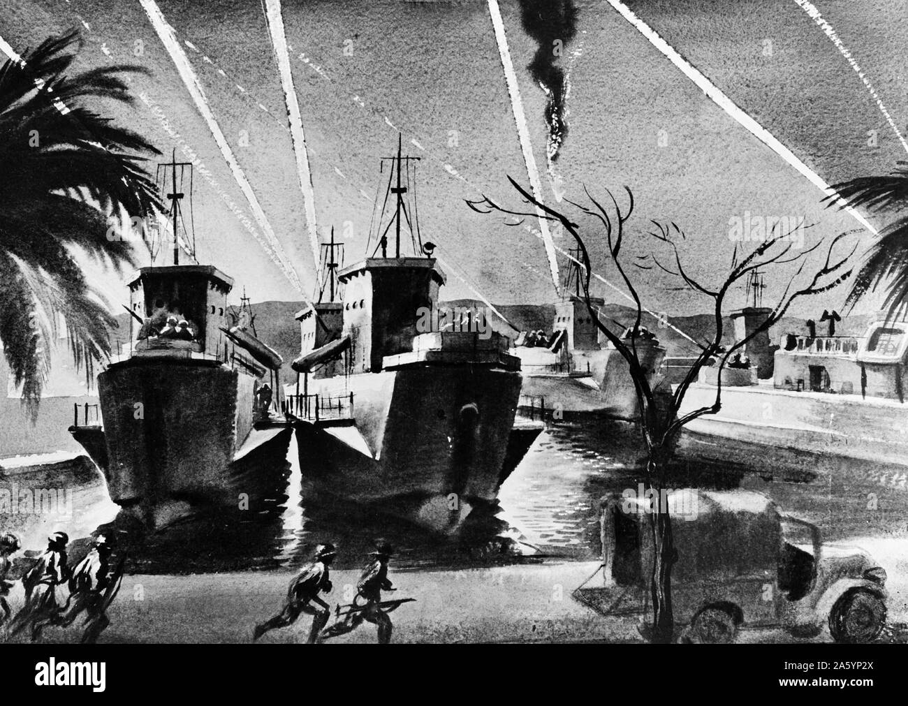 Nacht raid in Bizerta, Tunesien LCIs einen Bildschirm von anti-aircraft Feuer von den 20- bis 30-mm-Geschütze bei einer Razzia von feindlichen Flugzeugen auf alliierte Installationen in Bizerte. 1943 Stockfoto
