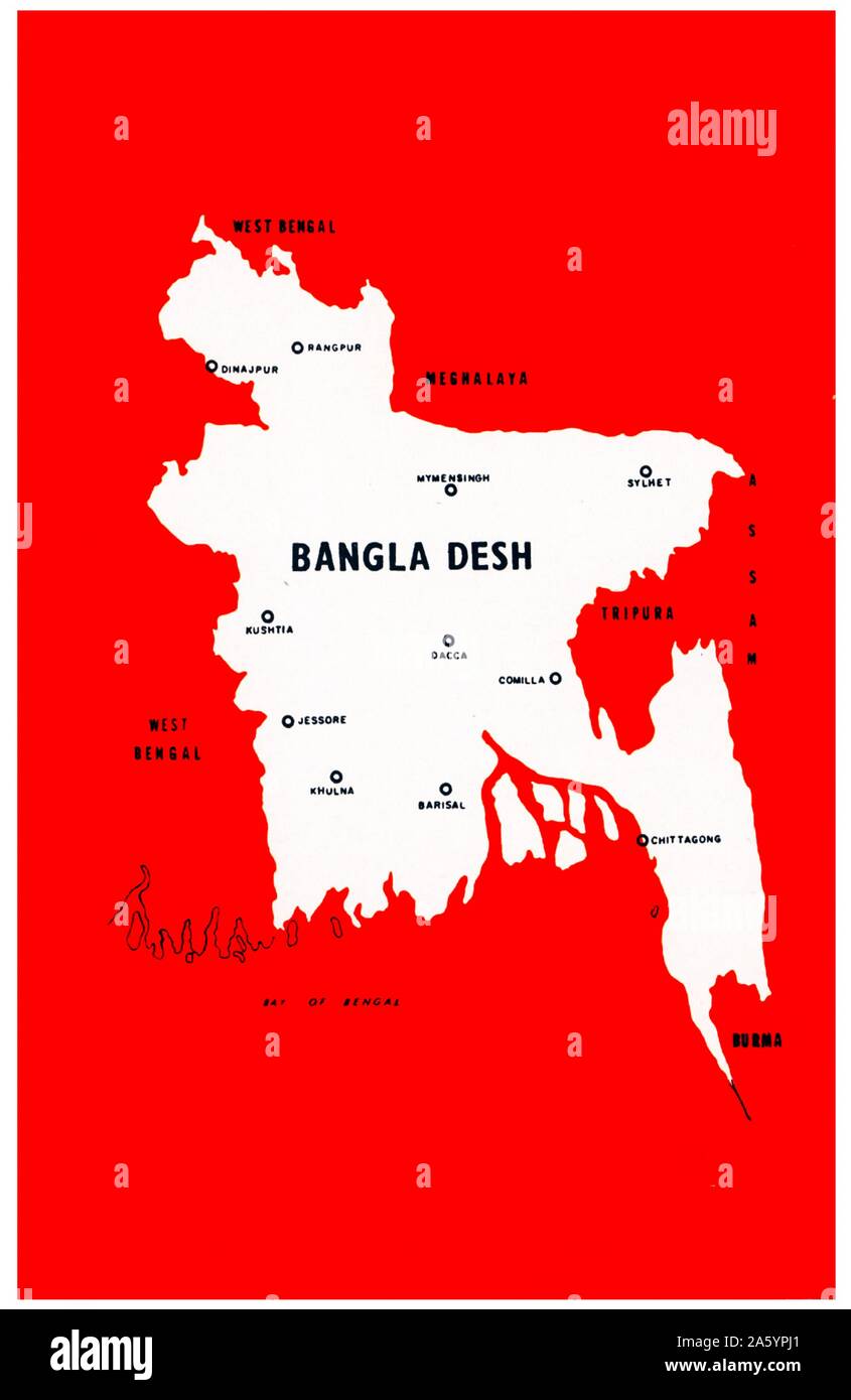 Karte von Bangladesch von einem indischen Zeitung während des Krieges von Unabhängigkeit (indisch-pakistanischen Krieg 1971 Stockfoto