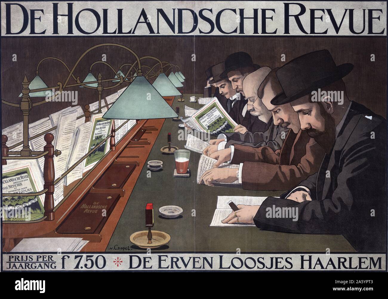 Werbung für den niederländischen Zeitschrift "De Hollandsche Revue", zeigt eine Gruppe von Männern, die eine Bibliothek Tisch verschiedene Texte zu lesen. Stockfoto