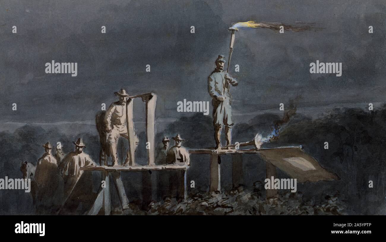 Nacht Signalisierung durch Fackeln über den James River Künstlers William Waud (1832 – 1878) war ein britischer Architekt und Illustrator, bemerkenswert für die Skizzen, die er während des amerikanischen Bürgerkrieges als ein Künstler-Korrespondent gemacht. 1864 Stockfoto