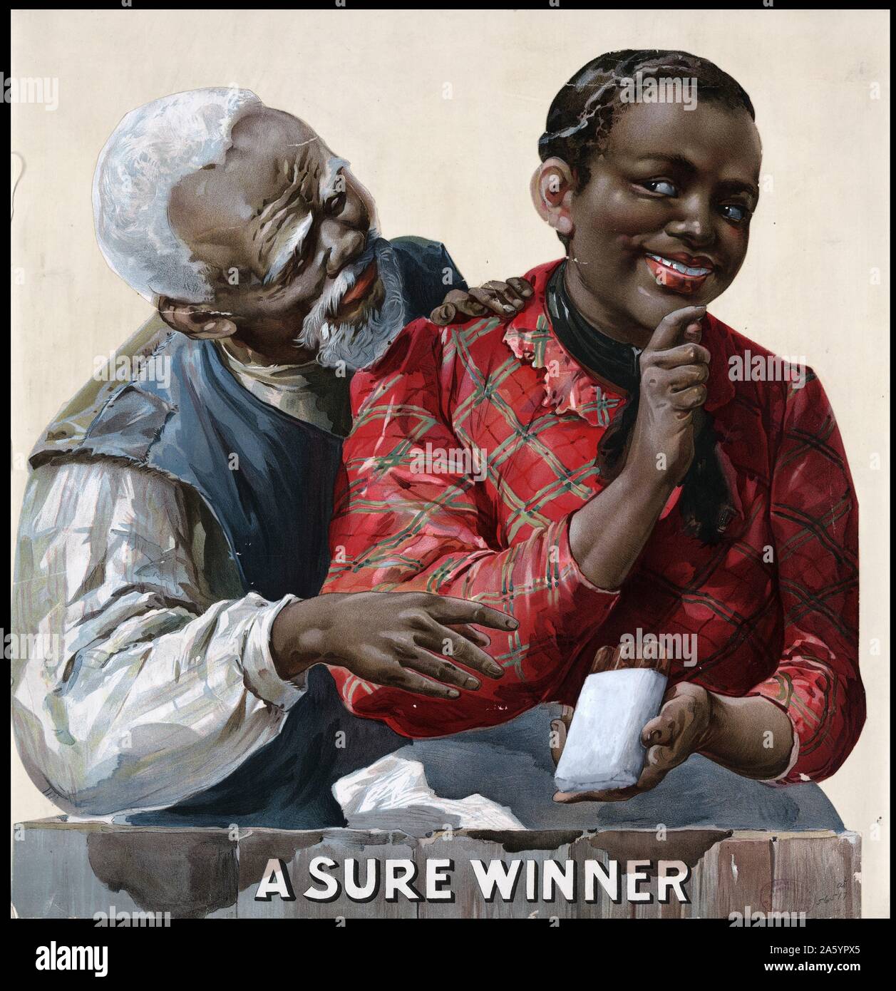 Ein sicherer Gewinner. C 1895 erstellt. Tabak Werbeplakat (reduzieren), einem afrikanischen amerikanischen Ehepaar zeigt, wie die Frau dem Mann eine Zigarre bietet. Stockfoto