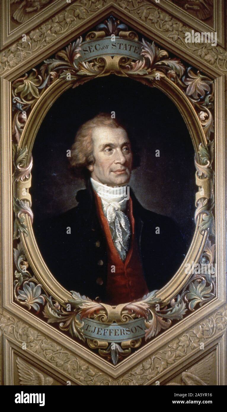 Thomas Jefferson (13. April 1743 – 4. Juli 1826) amerikanischen Gründervater, der Hauptautor der Unabhängigkeitserklärung (1776) und der dritte Präsident der Vereinigten Staaten (1801 – 1809). Malerei in U.S. Capitol II Stockfoto