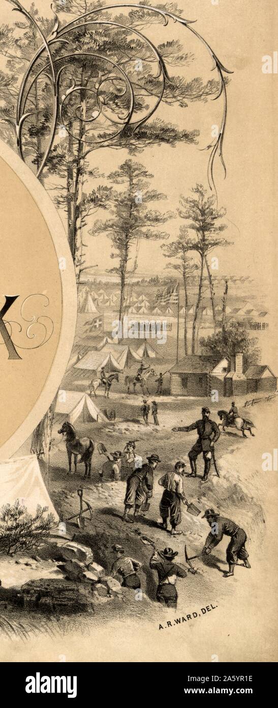 Schlacht-Illustration aus der Titelseite eines Fotoalbums des amerikanischen Bürgerkrieges 1865 Stockfoto