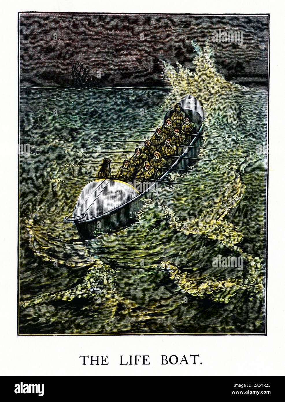 Eine American Illustration Rettungsboot mit Crew Segeln in stürmischer See als ein Schiff sinkt in der Ferne Stockfoto