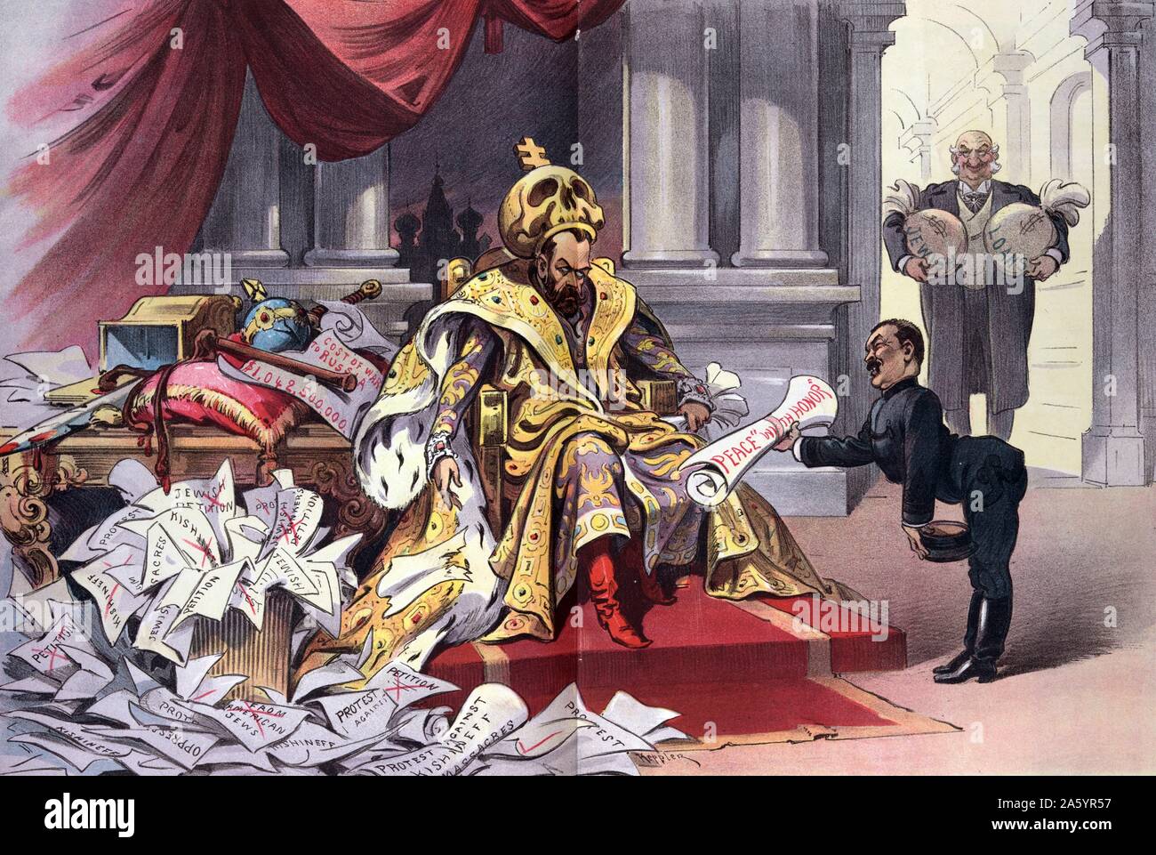 Politische Satire schildert Nikolaus II., Kaiser von Rußland, auf einem Thron sitzend, trug einen großen Schädel, gekrönt mit einem Kreuz als eine Krone, während ein Japaner ist ihm Papiere mit der Aufschrift "Frieden mit Ehre' und einen jüdischen Mann, der Beutel mit der Aufschrift "Jüdische Kredite" in der Tür. Von UDO J. Keppler (1872-1956) amerikanischen politischen Karikaturisten. Vom 1905 Stockfoto