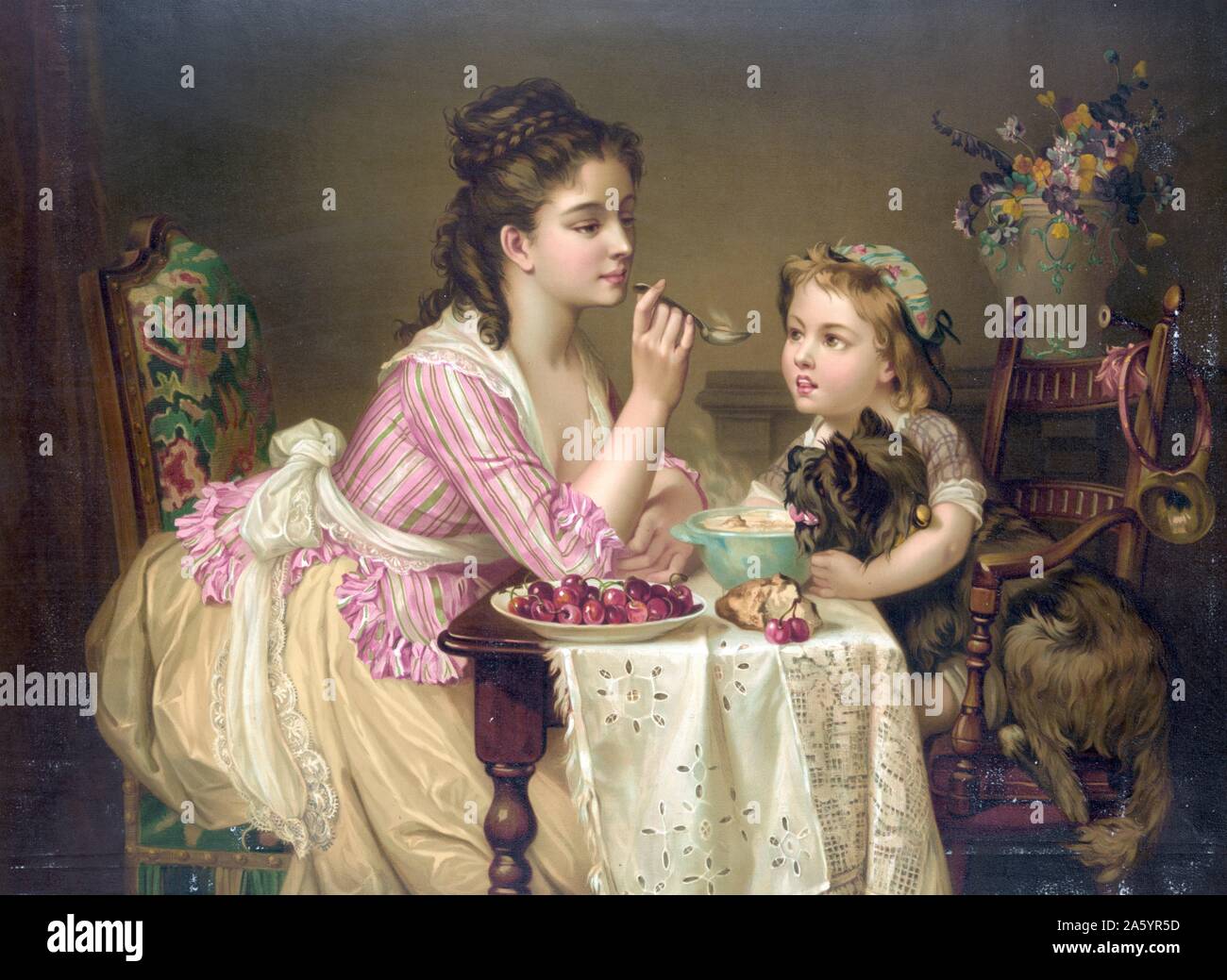 Farblitho Drucken mit dem Titel "Déjeuner À Trois" zeigt eine junge Frau an ein Tisch voller Frühstück Essen. Datiert 1873 Stockfoto