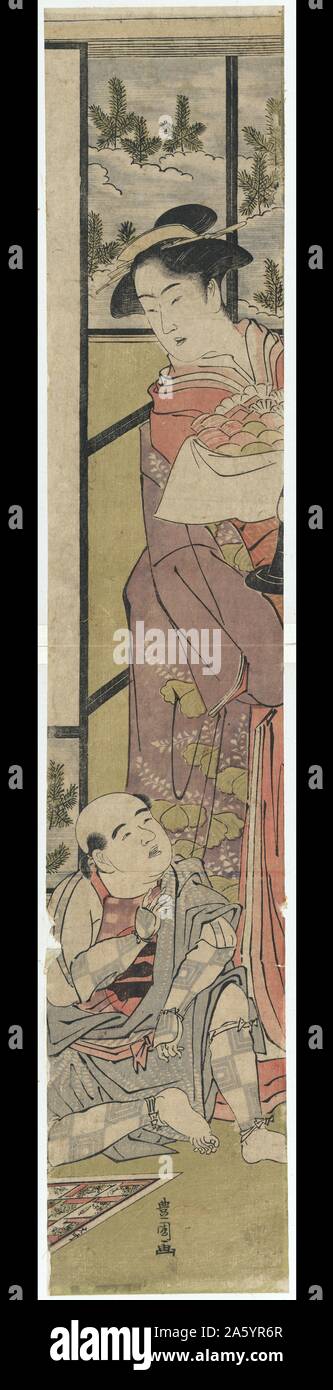 Drucken Sie die Darstellung einer japanischen Frau hält ein Tablett mit Reiskuchen, über einen Mann sitzt auf dem Boden neben einem Spielbrett stehen. Von Toyokuni Utagawa (1769-1825). Datiert 1810 Stockfoto