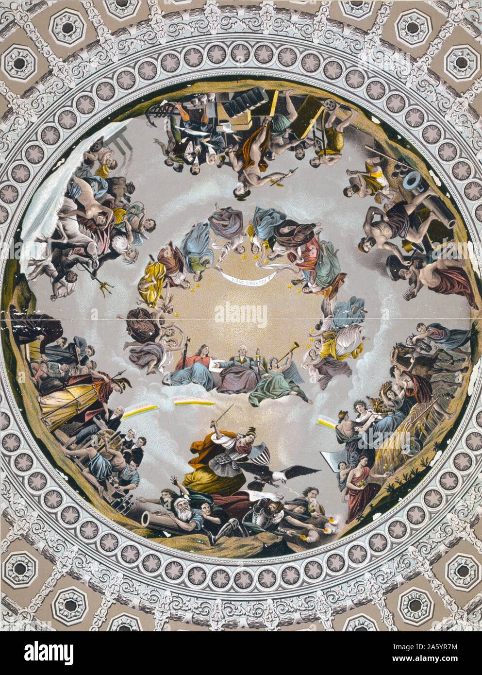 Photolithograph des Freskos "Apotheosis of Washington", in der Kuppel des US Capitol Building. Von Constantino Brumidi (1805-1880) Italienisch-amerikanischer Historienmaler. Datiert 1890 Stockfoto