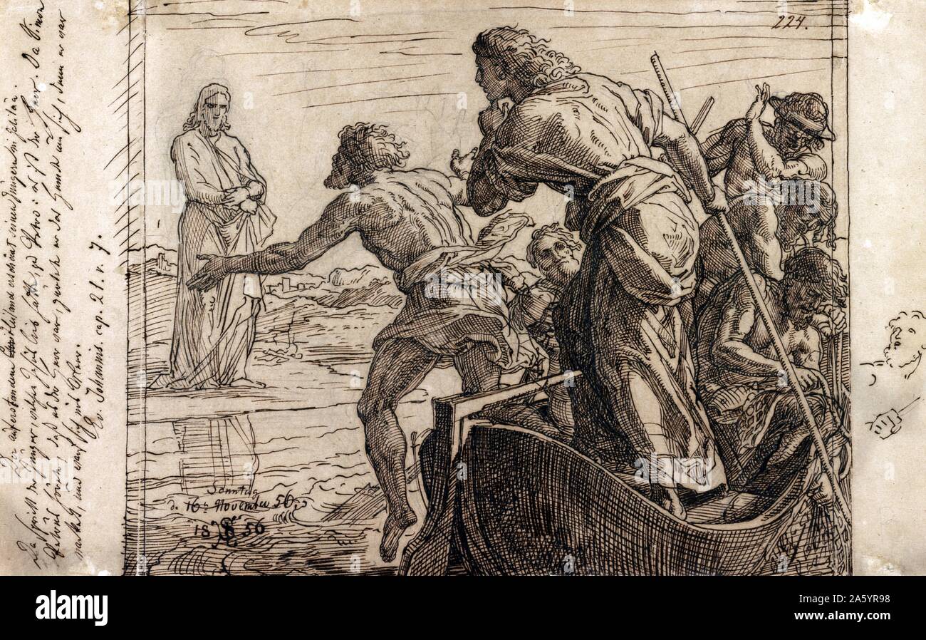 Abbildung zeigt Jesus den Jüngern am See Genezareth erscheinen. Von Julius Schnorr von Carolsfeld (1794-1872) ein deutscher Maler im Zusammenhang mit der Nazarener. Vom Jahre 1856 Stockfoto