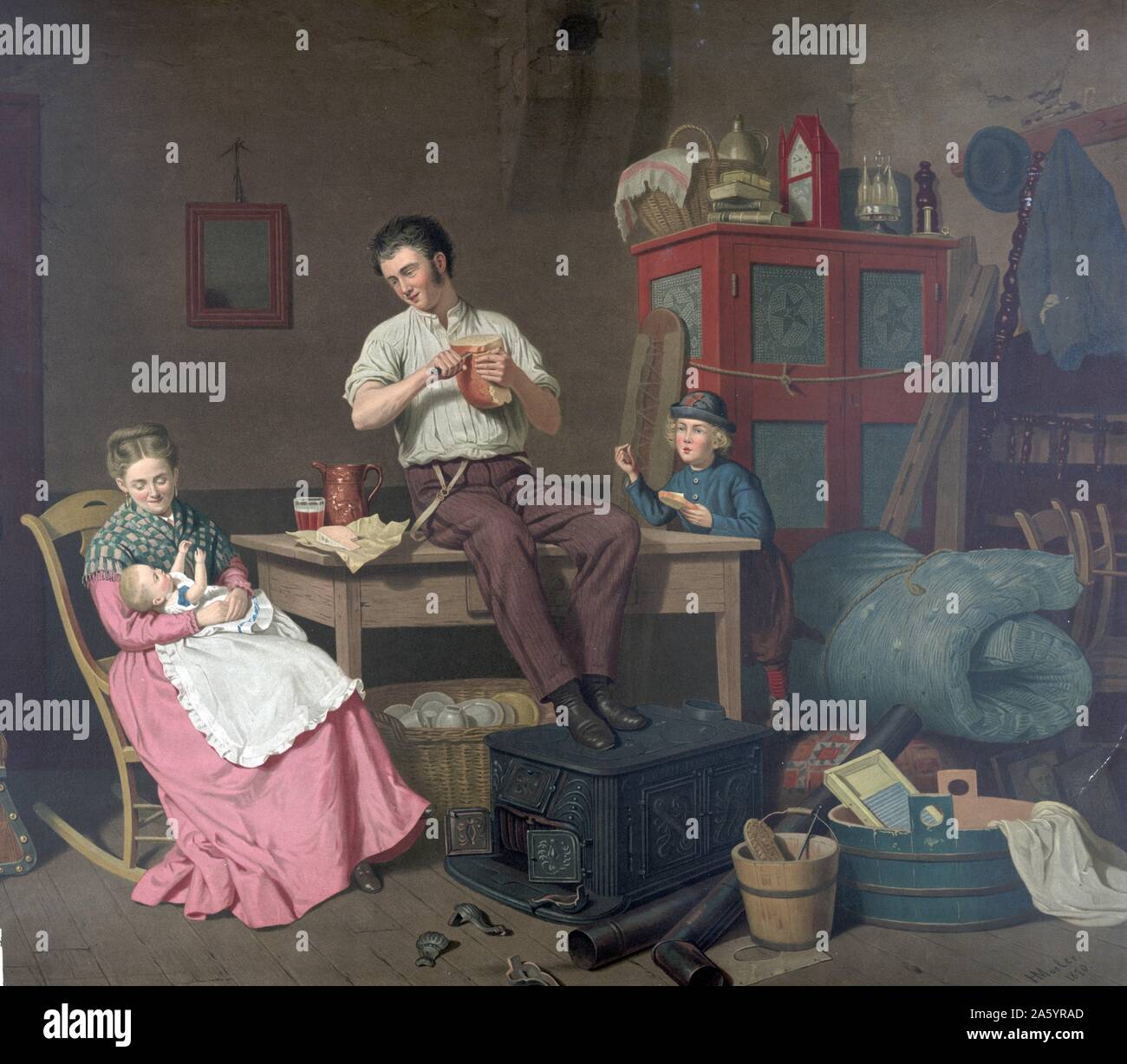 Farblitho drucken Darstellung eine häusliche Szene mit einer Familie in einem Raum. Basierend auf dem Original von Henry Mosler 1841-1920). Vom 1870 Stockfoto