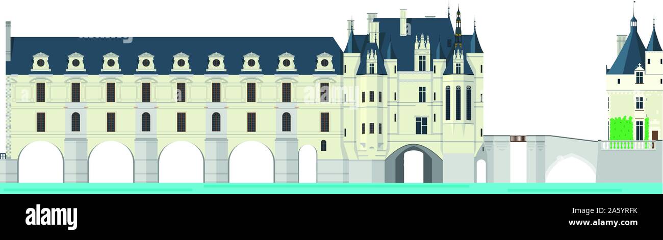 Schloss Chenonceau, Loire Tal, Frankreich. Auf weissem Hintergrund Vektor-illustration isoliert. Stock Vektor