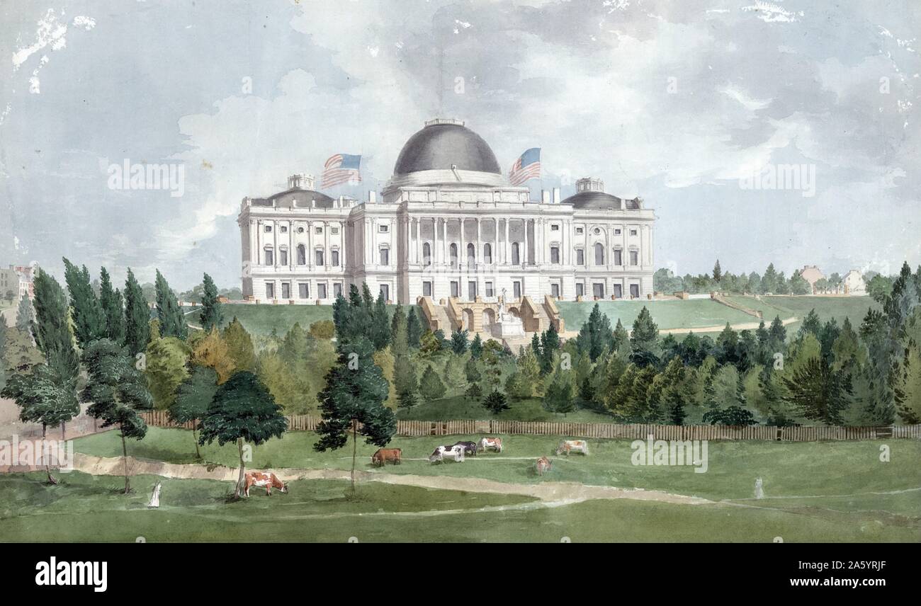 Westfront des United States Capitol mit Kühen im Vordergrund 1831; von John Rubens Smith, 1775-1849, Künstler. Der Blick auf die Westseite des Kapitols, von was jetzt die National Mall, sondern pastoral ist. Die tripolis Denkmal zu Ehren der amerikanischen Matrosen während der barbary Kriege von 1804, wurde vor dem Capitol im Jahre 1831 installiert. John Rubens Smith als Künstler in seiner Heimat England ausgebildet und um 1807 in die neue Republik verschoben. Er die Ostküste der Vereinigten Staaten dokumentiert, Stockfoto