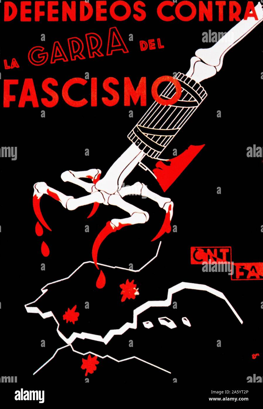 Spanischer Bürgerkrieg; CNT & FAI Plakat die Verteidigung von Spanien aus den Klauen des Faschismus gefordert. Stockfoto