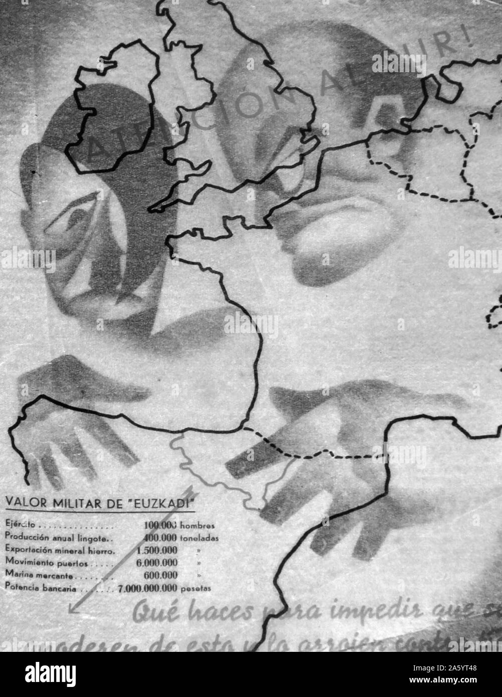 Spanischer Bürgerkrieg: Anti-Fascisty Propaganda Darstellung der Bedrohung von Mussolini und Hitler und den Vormarsch der Faschismus in Richtung Spanien Stockfoto