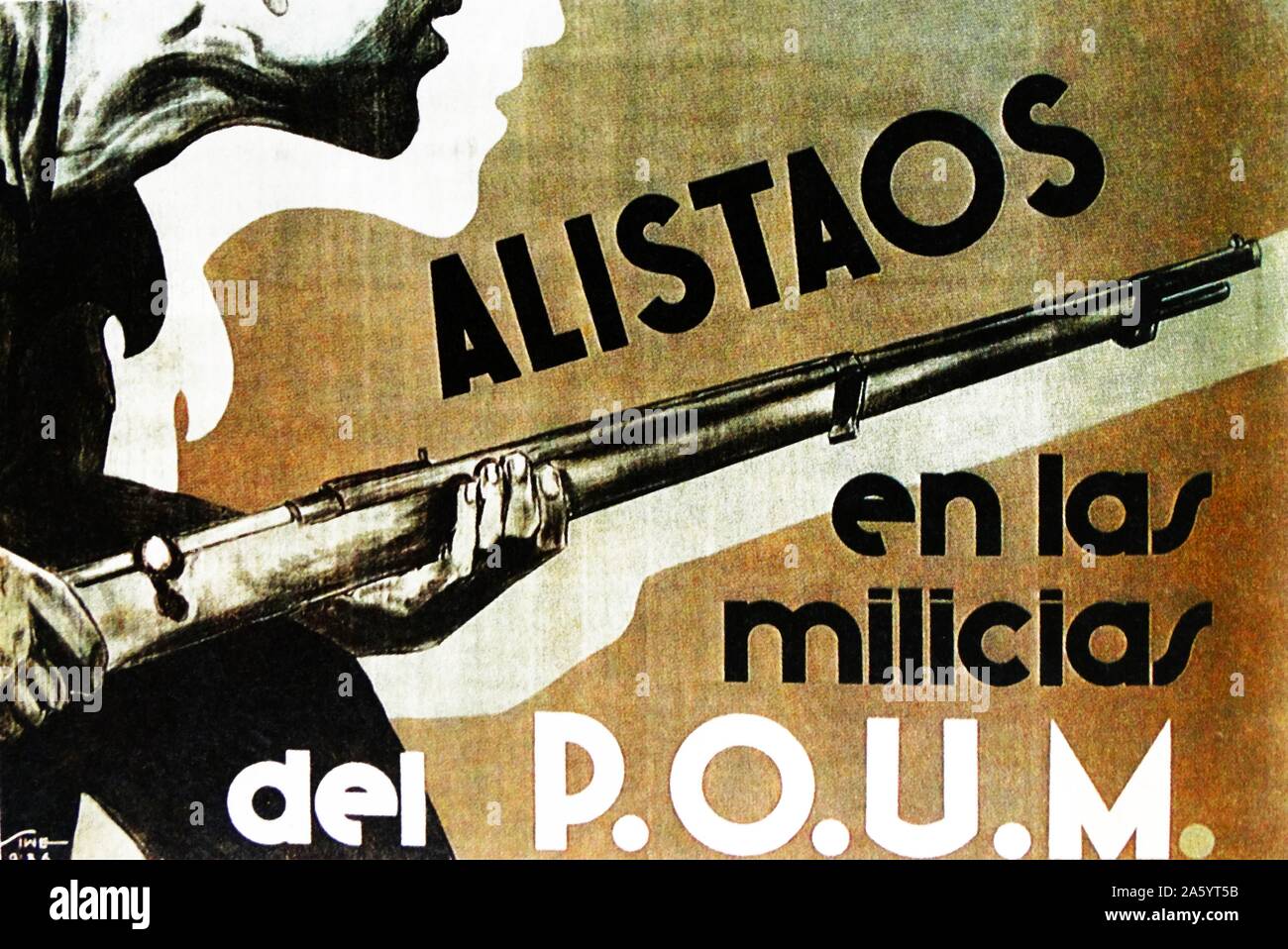 Alistaos en las Milicias del POUM (machen Sie sich bereit für die POUM-Milizen) Rekrutierung Plakat für die Arbeiterpartei der Marxistischen Einheit (POUM). POUM war eine spanische Kommunistische Partei in der Zweiten Republik gebildet und vor allem um den Spanischen Bürgerkrieg. Stockfoto