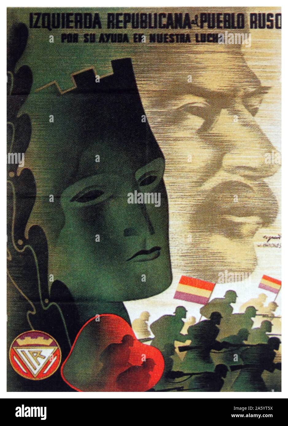 Russland und seine Hilfe in unserem Kampf! Ein republikanischer Poster aus dem spanischen Bürgerkrieg, zeigt ein Bild von Stalin Stockfoto