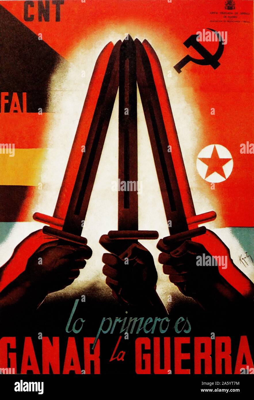 Lo Primero es Ganar la Guerra (die erste Aufgabe ist es, den Krieg zu gewinnen). Propagandaplakat von der Junta Delegada de Defensa de Madrid, während des spanischen Bürgerkriegs 1936 Stockfoto