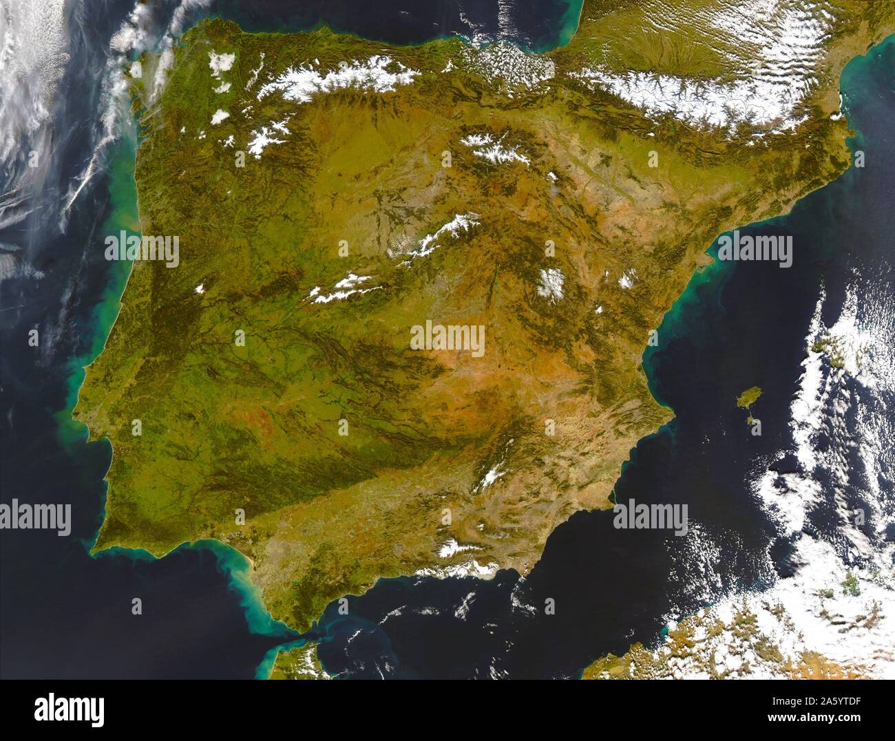 Iberische Halbinsel (Satellitenbild) mit Spanien und Portugal. Stockfoto