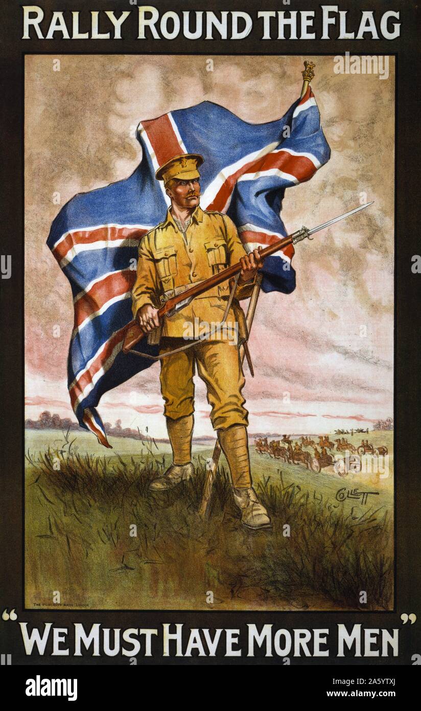 Rallye rund um die Fahne. "Wir müssen mehr Männer" 1915 Erster Weltkrieg britische Propagandaplakat zeigt einen Soldaten mit einem Gewehr und Bajonett, mit der britischen Flagge. Stockfoto