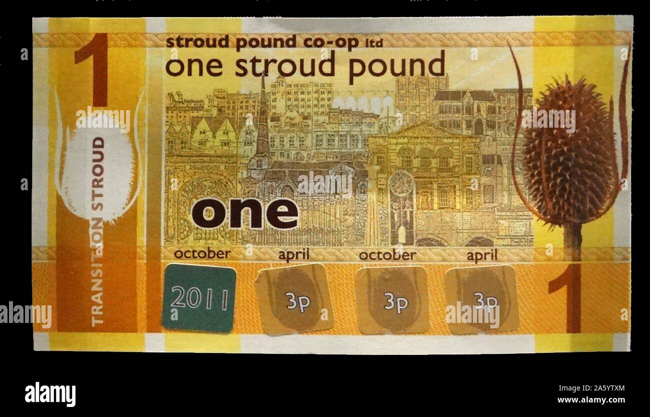 Die Stroud ein Pfund-Note 2011. Als eine Banknote in Stroud, Gloucestershire (UK) ausgegeben. Das Stroud Pfund verwendet ein System bekannt als Liegegeld, was, dass Noten 3 ° / o ihres Wertes alle sechs Monate verlieren würde bedeutete, um weitere Verbreitung zu fördern Stockfoto