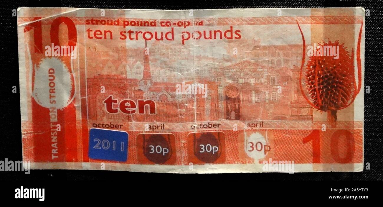 Die Stroud zehn-Pfund-Note 2011. Als eine Banknote in Stroud, Gloucestershire (UK) ausgegeben. Das Stroud Pfund verwendet ein System bekannt als Liegegeld, was, dass Noten 3 ° / o ihres Wertes alle sechs Monate verlieren würde bedeutete, um weitere Verbreitung zu fördern Stockfoto
