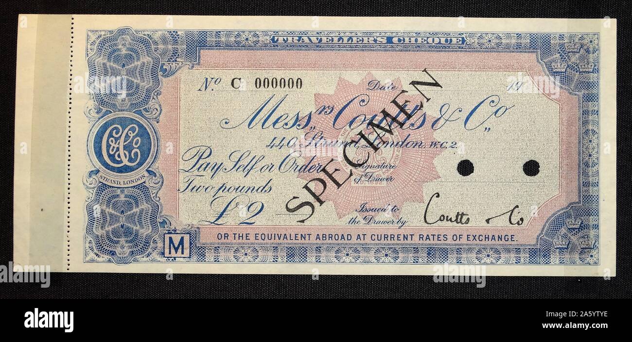 Traveller's Cheque für zwei Pfund, ausgestellt in London von Coutts & Co, 1970er Jahre Stockfoto