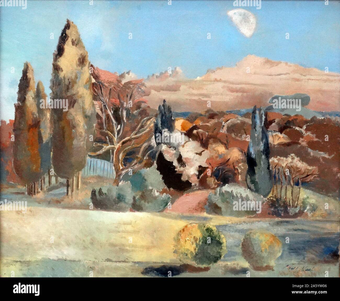 Paul Nash (1889-1946) Landschaft des ersten Mondviertel 1943. Öl auf Leinwand. Malerei Basis auf der Ansicht von s Künstlerhaus in Boar es Hill, in der Nähe, Oxford, England Stockfoto