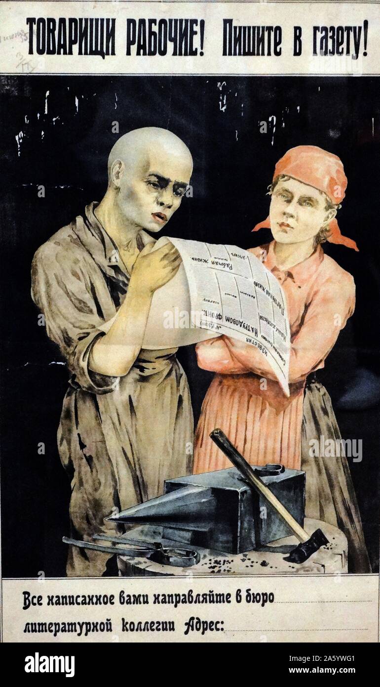 Russland, Sowjet, kommunistische Propaganda-Plakat. Genosse Arbeiter! Schreiben Sie die Zeitung! 1921 Stockfoto