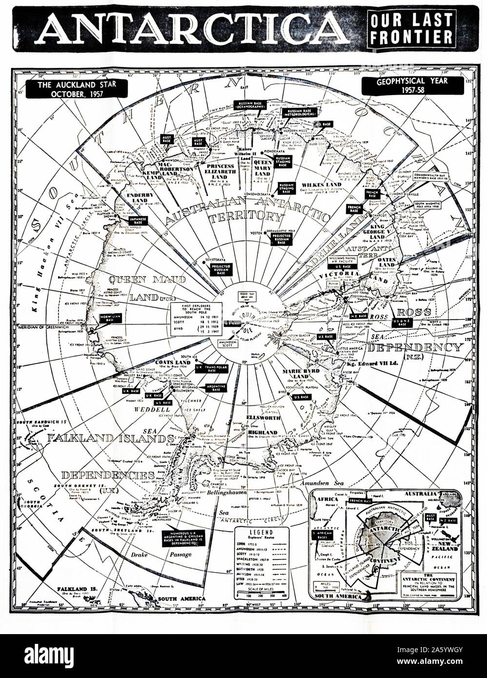 Antarktis Karte zeigt die verschiedenen nationalen Zonen oder Basen für Länder einschließlich des Vereinigten Königreichs; Frankreich; USA; Russland. 1958 Stockfoto